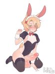  1boy animal_ears blonde_hair blush bow bowtie bunny_boy bunny_ears bunny_tail cucco_king cum erection frills green_eyes hairband large_penis large_testicles leotard looking_at_viewer maid maid_headdress original otoko_no_ko penis short_hair short_sleeves simple_background smile solo tail testicles thighhighs veins veiny_penis white_background 