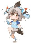  1girl bare_arms bare_legs bird_tail bird_wings bottle chibi collarbone commentary_request exercise eyebrows_visible_through_hair eyes_visible_through_hair full_body gerotan greater_roadrunner_(kemono_friends) grey_eyes grey_hair hair_between_eyes hair_tubes head_wings highres holding holding_bottle kemono_friends looking_at_viewer medium_hair multicolored_hair open_mouth running shirt shoes short_sleeves shorts simple_background socks solo t-shirt tail towel towel_on_head water_bottle white_background wings 