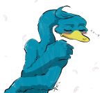  anthro avian beak beastars bird blue_body blue_feathers blush covering covering_self dom_(beastars) eyes_closed feathers galliform half-length_portrait hi_res male nude peafowl phasianid portrait shirako shy solo 