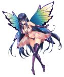  1girl black_hair butterfly_wings collarbone elbow_gloves gloves hair_over_one_eye long_bangs long_hair navel pointy_ears simple_background solo taimanin_rpgx thighhighs white_background wings yellow_eyes zol 