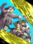  1girl black_eyes black_hair brown_eyes brown_hair claws closed_mouth commentary_request creature fighting_stance jumping kicking legendary_pokemon mixar0807 pokemon pokemon_(creature) pokemon_(game) pokemon_swsh signature tied_hair urshifu urshifu_(rapid) urshifu_(single) yuuri_(pokemon) 