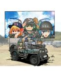  3girls camouflage cirno cloud cloudy_sky daiyousei gloves ground_vehicle gun hat helmet japan_ground_self-defense_force japan_self-defense_force jeep military military_uniform military_vehicle motor_vehicle multiple_girls nakamura_3sou rumia salute shovel sky smile sun touhou uniform weapon 