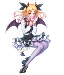  1girl blonde_hair blush bow demon_girl demon_horns demon_tail demon_wings eyebrows_visible_through_hair hair_bow high_heels highres horns looking_at_viewer love_letter medium_hair original platform_footwear red_eyes red_horns simple_background solo succubus tagme tail thighhighs white_background wings zol 