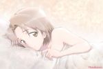  1girl bangs bed_sheet brown_eyes brown_hair closed_mouth commentary from_side girls_und_panzer light_smile looking_at_viewer lying nakasawa_kei nude on_bed on_stomach parted_bangs sawa_azusa short_hair solo traditional_media twitter_username under_covers 