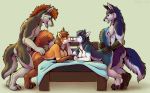 2020 anthro bed breasts canid canine canis eyes_closed female fox fur furniture genitals group hi_res kai_(character) kissing knot licking making_out male male/female mammal marjani mocha_(character) penis sex tongue tongue_out wolf 