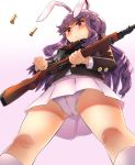  1girl animal_ears bangs blazer blouse bunny_ears cameltoe casing_ejection gun highres holding holding_gun holding_weapon houshiruri jacket lavender_hair long_hair necktie panties pleated_skirt purple_hair red_eyes red_neckwear reisen_udongein_inaba rifle shell_casing skirt solo touhou underwear very_long_hair weapon 