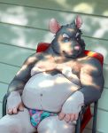  2020 absurd_res anthro belly blue_eyes bulge chair clothing furniture hi_res humanoid_hands male mammal moobs murid murine navel nipples nookdae overweight overweight_male pink_nose rat rodent sitting solo underwear 