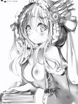  1girl blush book_stack breasts closed_mouth fensi flower from_side greyscale highres hood hood_up long_sleeves looking_at_viewer medium_breasts monochrome nanashi_(nlo74593630) nipples rose sephira_su simple_background solo upper_body white_background wide_sleeves 