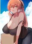  10eki_(tenchou) 1girl absurdres ass blush box breasts brown_hair cleavage collarbone day girls_frontline green_eyes hair_ribbon highres holding holding_box huge_breasts leaning_forward looking_at_viewer m1903_springfield_(girls_frontline) no_bra off_shoulder open_mouth ponytail ribbon see-through sidelocks sky solo steam tank_top 