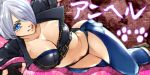  1girl angel_(kof) belt belt_buckle black_belt black_gloves black_jacket blue_bra blue_eyes bra breasts buckle chaps character_name chienon cleavage closed_mouth collarbone cropped_jacket fingerless_gloves gloves hair_over_one_eye jacket large_breasts short_hair silver_hair smile solo strapless strapless_bra the_king_of_fighters tongue tongue_out underwear 