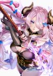  1girl absurdres asymmetrical_gloves bare_shoulders belt black_gloves black_legwear blue_eyes blush bottomless braid breasts bug butterfly cleavage commentary_request draph elbow_gloves floating_hair frown gloves granblue_fantasy hair_ornament hair_over_one_eye highres holding holding_sword holding_weapon horns insect katana large_breasts lavender_hair long_hair looking_at_viewer low_tied_hair narmaya_(granblue_fantasy) open_mouth pointy_ears sanbabasanba single_braid single_thighhigh sleeveless solo sword thigh_strap thighhighs thighs very_long_hair weapon 