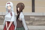  2girls bike_shorts bow_(weapon) brown_eyes brown_hair cowboy_shot crossbow hairband hakama hakama_skirt headband headgear japanese_clothes kantai_collection long_hair mikoto_(oi_plus) multiple_girls muneate red_hakama red_headband shoukaku_(kantai_collection) taihou_(kantai_collection) weapon white_hair 