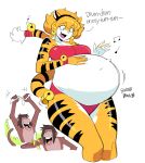  anthro banana bell belly big_belly breasts clothing dr--worm english_text felid female food fruit green_eyes group hand_on_stomach haplorhine hi_res mammal monkey mostly_nude onomatopoeia orange_body overweight pantherine plant primate red_clothing sascha_(hypnofood) simple_background sound_effects text tiger white_background white_belly wide_hips 