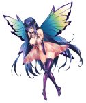  1girl black_hair breasts butterfly_wings drooling elbow_gloves gloves hair_over_eyes large_breasts long_bangs long_hair masturbation nipples open_mouth pointy_ears pussy saliva simple_background solo taimanin_rpgx thighhighs white_background wings zol 