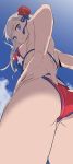  1girl ass_visible_through_thighs bikini blonde_hair blue_eyes blue_sky breasts cloud fate/grand_order fate_(series) from_below hands_on_hips highres hyury large_breasts looking_at_viewer miyamoto_musashi_(fate/grand_order) miyamoto_musashi_(swimsuit_berserker)_(fate) no_pupils red_bikini sideboob sky solo swimsuit work_in_progress 
