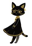  1girl :3 ayu_(mog) barefoot black_theme cat cat_focus closed_mouth dress earrings english_commentary from_side furry gold hoop_earrings jewelry long_dress looking_back mixed-language_commentary original signature simple_background solo tail tail_ornament white_background 