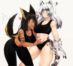  2girls ? abs animal_ears anput_(nsfwolf) arm_tattoo bandaid bangs bent_over black_hair blonde_hair blunt_bangs blunt_ends blush breasts brown_eyes claws cleavage collarbone commission dark_skin goddess grey_background heart highres hime_cut jackal_ears long_hair multiple_girls navel nsfwolf open_mouth original pants simple_background sportswear tail_wagging tattoo white_eyes white_hair yoga_pants 
