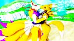  16:9 3d_(artwork) anthro asian_mythology breasts canid canine digimon digimon_(species) digital_media_(artwork) duo east_asian_mythology eyes_closed female fox fox_spirit fur kissing kyubi_(yo-kai_watch) male male/female malicekira mammal multi_tail mythology renamon tuft video_games white_body white_fur widescreen yellow_body yellow_fur yo-kai_watch 