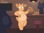  2020 alcohol anthro backgound background_characters bar barefoot beer belly belly_expansion beverage big_belly bovid brown_body brown_fur caprine colored confused_look digital_media_(artwork) drinking drunk fur furniture goat grey_eyes hi_res hooves horn inflation jar light_bulb male mammal obese obese_male overweight overweight_male solo substance_intoxication sweety_storm 