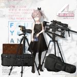  1girl astg bag bangs black_dress black_footwear black_legwear bolt_action bracelet camera cheytac_m200 closed_mouth dress full_body girls_frontline gun hair_ornament handbag high_heels highres jewelry m200_(girls_frontline) official_art ponytail purple_eyes rifle sleeveless sleeveless_dress sniper_rifle solo standing suitcase weapon 