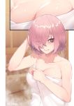  1girl bangs bare_shoulders blush bob_cut breasts cleavage close-up closed_mouth collarbone eyebrows_visible_through_hair eyes_visible_through_hair fate/grand_order fate_(series) hair_over_one_eye hand_on_own_head holding holding_towel indoors jjune large_breasts looking_at_viewer mash_kyrielight naked_towel purple_eyes purple_hair sauna short_hair solo steam towel twitter_username 