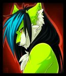  2012 anthro black_border black_eyebrows black_hair black_nose blue_hair border bust_portrait canid canine canis digital_media_(artwork) ear_piercing eyebrows facial_piercing fur green_body green_fur guy_star hair hi_res lapres lip_piercing male mammal multicolored_body multicolored_fur multicolored_hair piercing portrait red_background simple_background snakebite_piercing solo two_tone_body two_tone_fur two_tone_hair white_body white_fur wolf yellow_eyes 