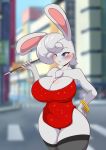  anthro big_breasts blue_eyes bracelet breasts cigarette cigarette_holder city clothing dress female fur hair hi_res jewelry lagomorph legwear leporid mammal mastergodai pipe rabbit solo sparkly_dress stockings thigh_highs white_body white_fur white_hair 