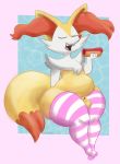  absurd_res animal_genitalia anthro braixen canid canine clothing colorcoroded eating_food fox fully_sheathed genitals girly hi_res legwear male mammal nintendo pok&eacute;mon pok&eacute;mon_(species) sheath solo stockings video_games 