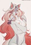  2020 anthro areola arms_under_breasts black_claws breasts canid canine claws female fur grey_body grey_fur hair hi-ku hi_res long_hair looking_away mammal markings navel nipples nude pink_areola pink_hair pink_nipples pink_nose simple_background solo text url white_body white_fur 