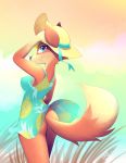  animal_crossing anthro audie_(animal_crossing) b-epon beach bottomless butt canid canine canis clothed clothing dress female hi_res mammal nintendo seaside solo suggestive summer_dress sun_dress sun_hat sunhat upskirt video_games wind wolf 