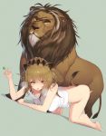  1boy 1girl absurdres all_fours animal animal_ears arknights bangs barefoot bestiality blush bottomless breasts brown_hair candy ce-_-3 claws doggystyle dutch_angle eyebrows_visible_through_hair eyelashes fanbox_reward feet food full_body green_background heavy_breathing hetero highres holding_lollipop huge_filesize lion lion_ears lion_girl lion_tail messy_hair paid_reward shiny shiny_hair shirt siege_(arknights) simple_background sweat tail tears trembling white_shirt 