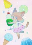  1girl animal_ears ayu_(mog) barefoot bow brown_hair closed_mouth cup dress drinking_glass english_commentary food full_body furry holding ice_cream ice_cream_cone looking_at_viewer mixed-language_commentary original pink_bow pink_dress pudding purple_eyes signature solo star tail whiskers 