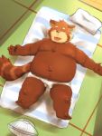  2020 3:4 ailurid anthro bed belly bodily_fluids detailed_background eyes_closed furniture hi_res humanoid_hands kemono kipchin_2nd00 lying male mammal moobs navel nipples overweight overweight_male pillow red_panda solo sweat tongue tongue_out 