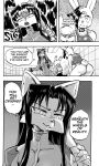  anthro bandage baseball_bat bat_(object) breasts butt canid canine clothed clothing comic cookie_(furryfight_chronicles) daigaijin dialogue english_text female fox fur furryfight_chronicles group hair hi_res kalita_(furryfight_chronicles) lagomorph leporid mammal monochrome muko rabbit rear_view rodent sciurid text tree_squirrel 