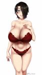  1girl aqua_eyes artist_name bare_arms bare_shoulders black_hair bra breasts cleavage collarbone commentary english_commentary hair_over_one_eye hand_on_own_chest huge_breasts lingerie looking_at_viewer navel original panties parted_lips red_bra red_panties saya_(twrlare) short_hair simple_background smile solo twitter_username twrlare underwear underwear_only white_background 