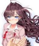  1girl blue_eyes blush brown_hair cardigan crying crying_with_eyes_open hand_on_hand highres himei_asana ichinose_shiki idolmaster idolmaster_cinderella_girls long_hair school_uniform tears 