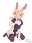  1boy animal_ears blonde_hair blush bow bowtie bulge bunny_boy bunny_ears bunny_tail cucco_king frills green_eyes hair_bow hairband kneeling leotard one_eye_closed original otoko_no_ko short_hair short_sleeves simple_background solo tail thighhighs tongue tongue_out watermark white_background 