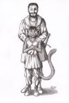  0laffson 2020 anthro black_hair clothed clothing domestic_cat duo felid feline felis fur hair hi_res human looking_at_viewer male mammal smile traditional_media_(artwork) 