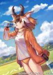  1girl animal_ear_fluff animal_ears bangs black_gloves blue_sky bottle brown_eyes brown_hair buruma cloud commentary_request cowboy_shot day drinking dutch_angle extra_ears eyebrows_visible_through_hair gloves horizontal_pupils horns jacket kemono_friends litter1152 long_sleeves medium_hair multicolored_hair official_art open_clothes open_jacket orange_hair orange_jacket outdoors pronghorn_(kemono_friends) shirt sky solo track_jacket water water_bottle white_hair white_shirt yellow_buruma 