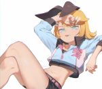  1girl bangs black_bow black_shorts blonde_hair blue_jacket bow crop_top crossed_legs feet_out_of_frame hair_bow hair_ornament hairclip hand_on_forehead hand_up highres jacket kagamine_rin knees_up looking_at_viewer lying midriff navel on_back short_hair short_shorts shorts solo swept_bangs tongue tongue_out v-shaped_eyebrows vocaloid yamada_ichi 