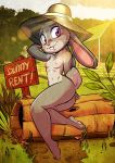  2019 anthro barely_visible_genitalia barely_visible_pussy breasts buckteeth building butt casual_nudity clothing detailed_background disney english_text fabio_paulino female fur gallogally genitals grass grey_body grey_fur hat_only headgear headwear hi_res judy_hopps lagomorph leporid light mammal mostly_nude navel nipples nude outside pawpads plant pussy rabbit sign sitting small_breasts solo sunlight teeth text whiskers zootopia 