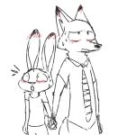  anthro blush bodily_fluids bottomwear canid canine clothed clothing disney duo fox fully_clothed fur hand_holding judy_hopps lagomorph leporid mammal necktie nick_wilde open_mouth pants rabbit red_fox shirt simple_background sketch sweat sweatdrop topwear visiti white_background zootopia 