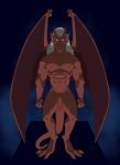  4_toes abs abstract_background absurd_res balls beak big_penis biped brooklyn_(gargoyles) claws dewclaw digital_drawing_(artwork) digital_media_(artwork) digitigrade disney ear_fins fin fist foreskin front_view full-length_portrait gargoyle gargoyles genitals hair hi_res horn humanoid humanoid_genitalia humanoid_penis long_penis looking_at_viewer male mane membrane_(anatomy) membranous_wings muscular muscular_male navel nipples nude pecs penis portrait red_body red_skin smagma solo standing toe_claws toes white_hair white_mane wing_claws wings 