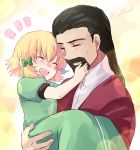  1boy 1girl :d beard black_hair blonde_hair cagalli_yula_athha carrying closed_eyes dress facial_hair father_and_daughter green_dress green_eyes grin gundam gundam_seed highres long_hair open_mouth princess_carry short_hair short_sleeves smile straight_hair sundress twitter_username uzumi_nara_athha white_background yuuka_seisen 