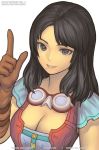  1girl black_hair blue_shirt breasts brown_eyes brown_gloves carna cleavage from_above gloves goggles goggles_around_neck grin large_breasts long_hair looking_at_viewer marfrey mole mole_under_mouth open_clothes open_vest red_vest shirt simple_background smile solo vest white_background xenoblade_(series) xenoblade_1 