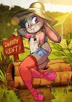  2019 anthro bottomwear breasts buckteeth building butt clothed clothing detailed_background disney english_text fabio_paulino female footwear fur gallogally grass grey_body grey_fur hat head_tuft headgear headwear hi_res high_heels judy_hopps lagomorph leporid light mammal outside pasties plant purple_eyes rabbit shoes sign sitting skimpy skirt solo sunlight teeth text tuft whiskers zootopia 