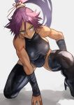  1girl 55level black_footwear black_leotard bleach boots breasts green_eyes high_heel_boots high_heels highres leotard long_hair muscle muscular_female one_knee ponytail purple_hair serious shadow shihouin_yoruichi sideboob slit_pupils solo thigh_boots thighhighs vambraces white_background 