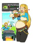  belly belt blonde_hair blue_clothing blue_eyes blue_shirt blue_topwear breasts breath_of_the_wild clothing cooking dr--worm duo english_text female food hair hi_res humanoid hylian link male nintendo not_furry overweight princess_zelda shirt simple_background stuffing text the_legend_of_zelda topwear video_games white_background 