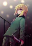  1girl bangs blonde_hair blood bloody_clothes bloody_hands bloody_knife blurry blurry_background eyebrows_visible_through_hair green_pants green_shirt gundam gundam_seed gundam_seed_destiny hair_between_eyes highres holding holding_knife knife pants red_eyes shirt short_hair solo standing stellar_loussier twitter_username younger yuuka_seisen 