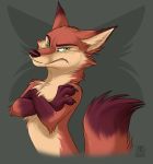 2020 anthro brown_body brown_fur canid canine cheek_tuft chest_tuft claws conditional_dnp crossed_arms facial_tuft fangs fluffy fox fur green_eyes grey_background head_tuft looking_at_viewer male mammal neck_tuft pointedfox_(character) pose simple_background solo tan_body tan_fur tani_da_real tuft whiskers 